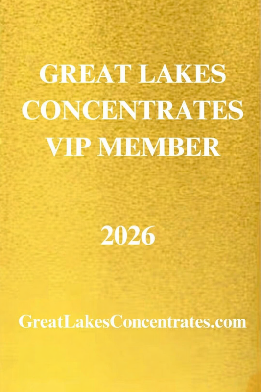 A gold-colored identification card with the text 'GREAT LAKES CONCENTRATES VIP MEMBER 2026' printed on it.